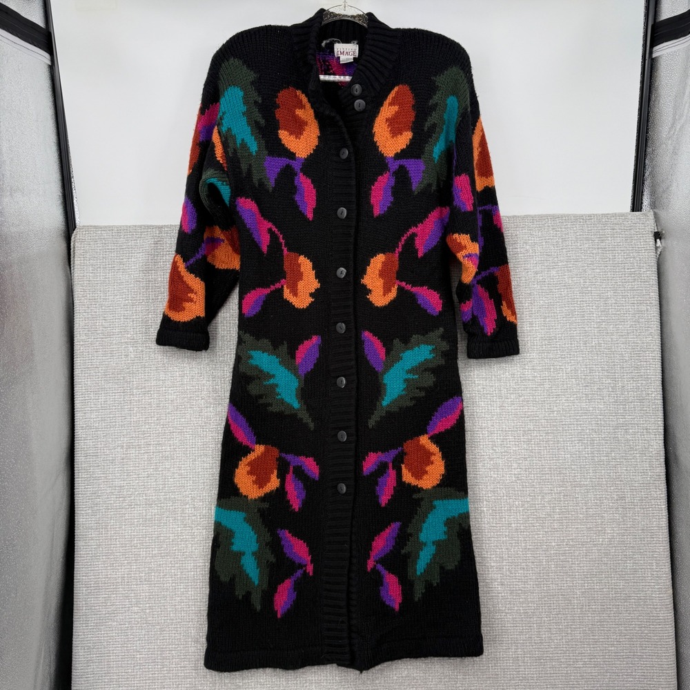 Vtg Fitting Image Longline Cardigan Sweater Wmns L Black Floral Abstract